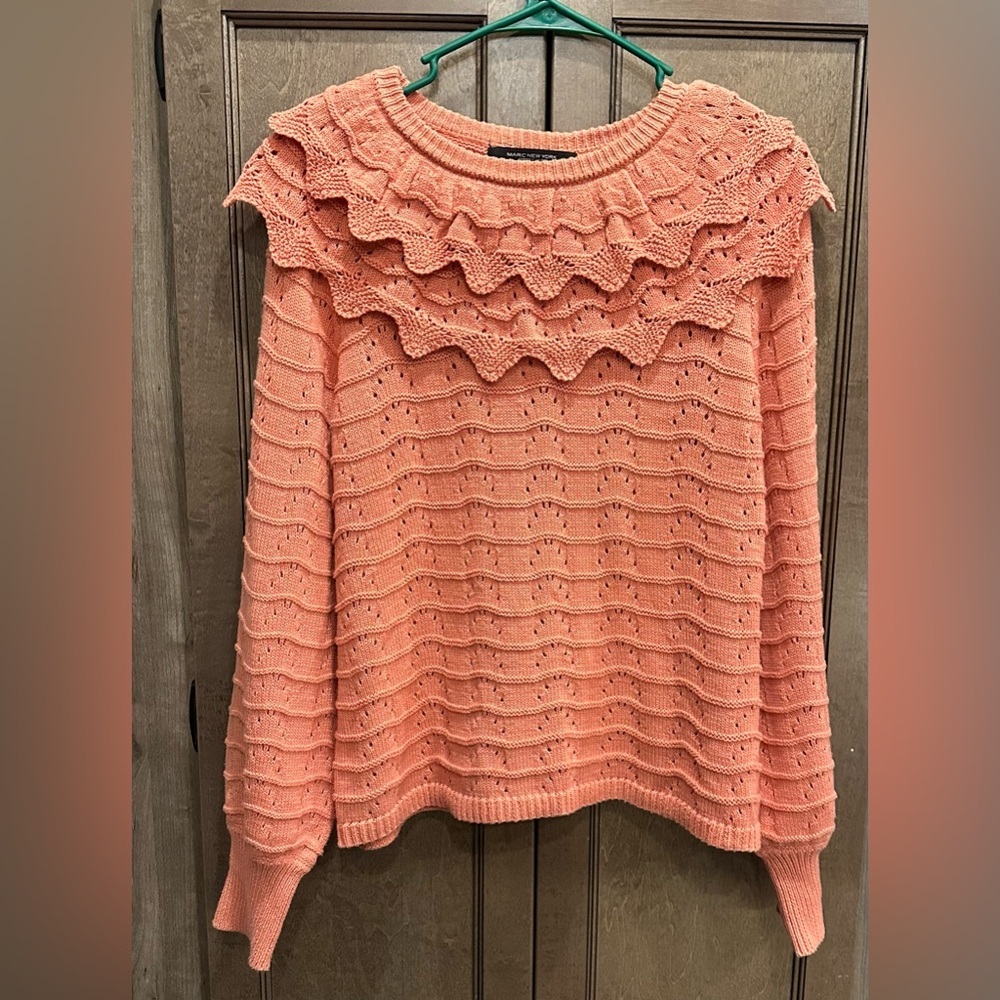 Marc New York Coral Ruffle Shawl Neck Sweater With Balloons Sleeves  Size Medium